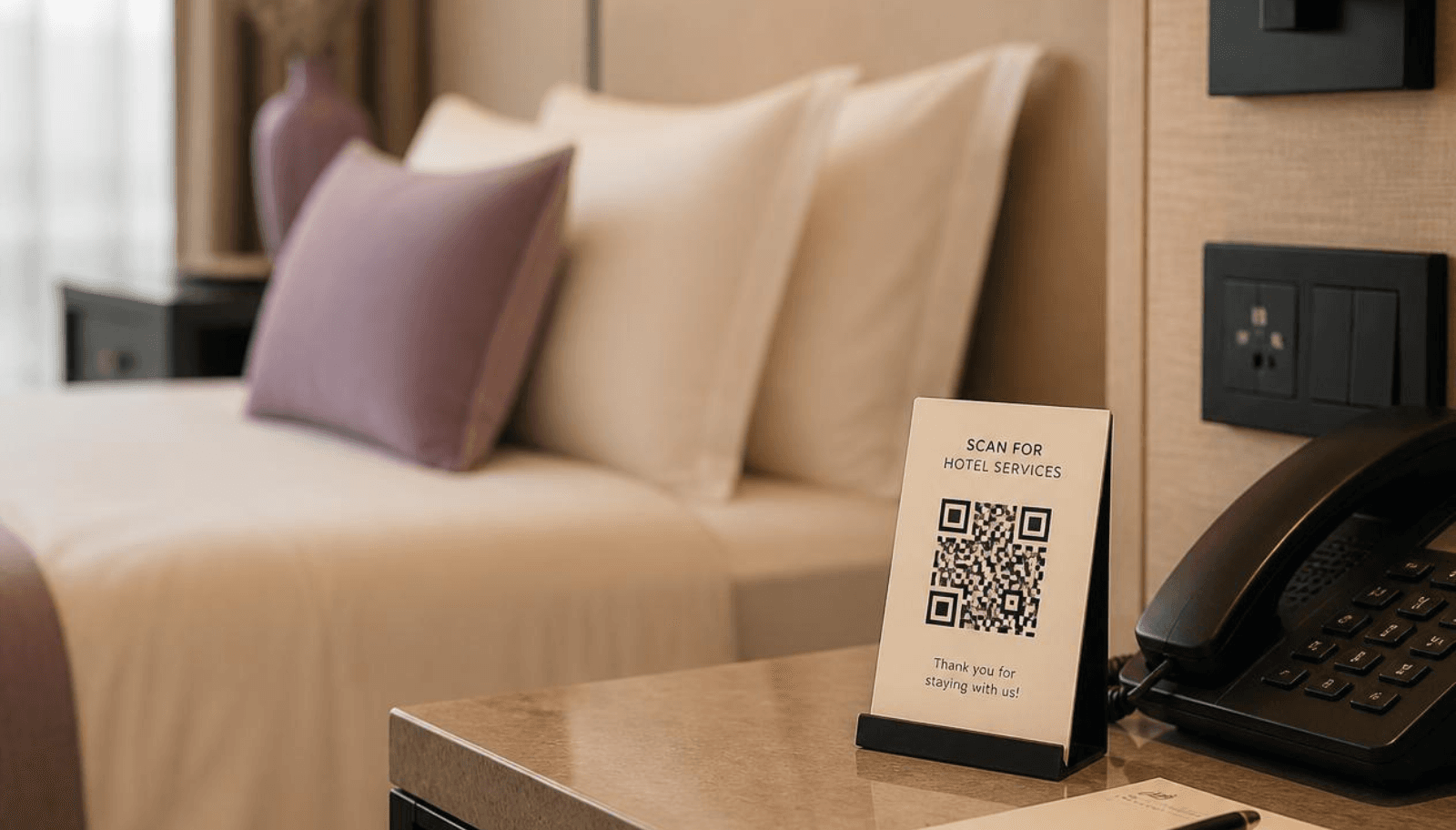 QR code on hotel stand inviting guests to message the concierge