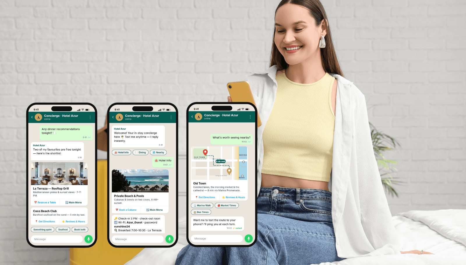 Phone screens showing a hotel concierge chat answering dinner recommendations, hotel info, and nearby sightseeing with a map