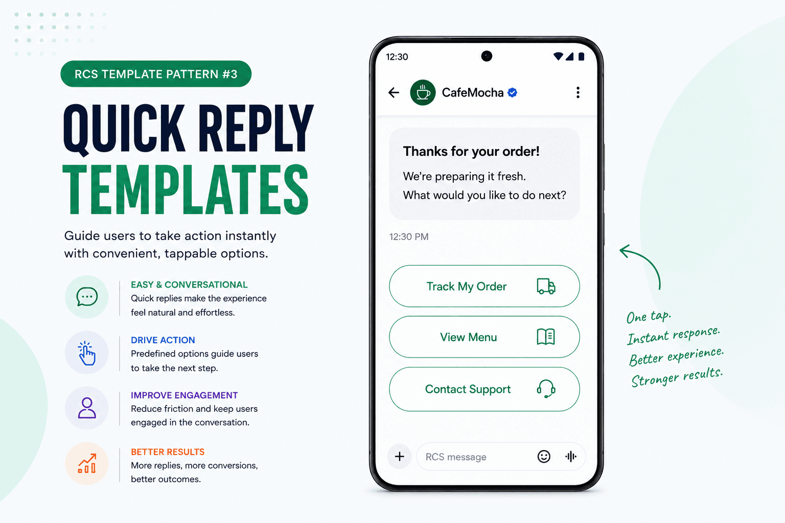 Quick reply RCS message template with interactive buttons that improve customer engagement and response rates.