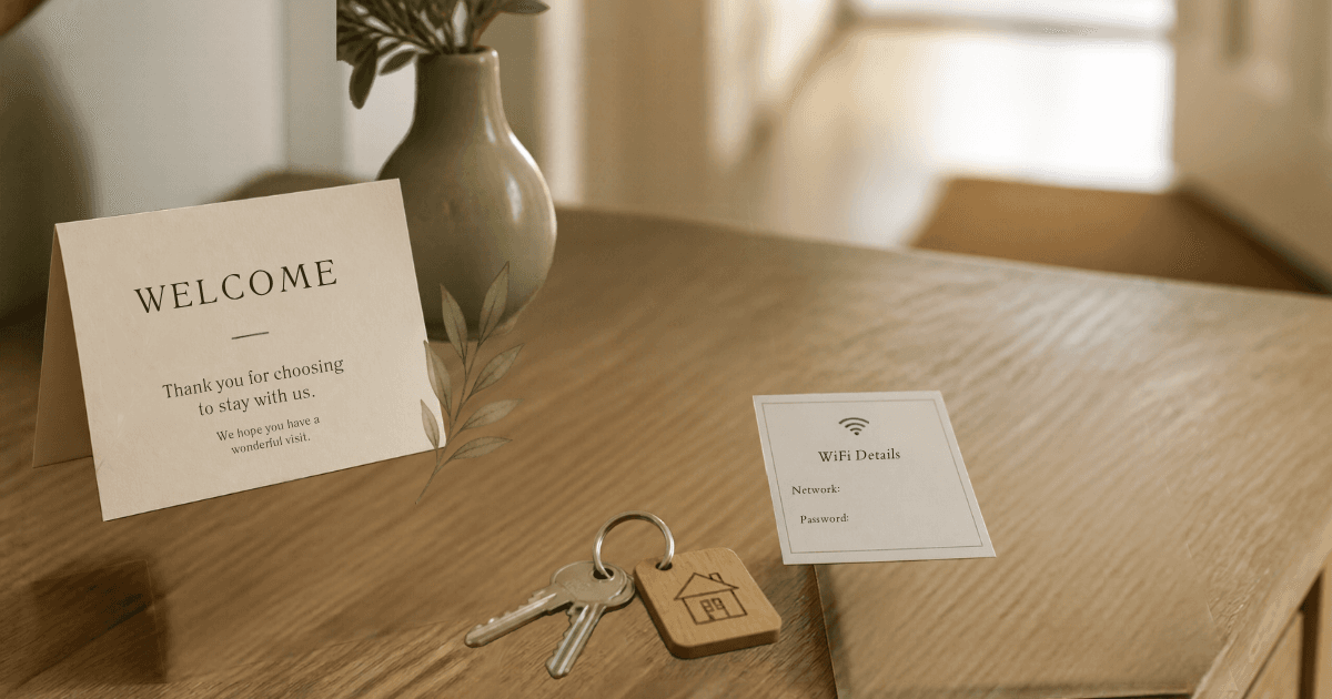 Close-up of a welcome card, WiFi details and keys on a rental hallway table