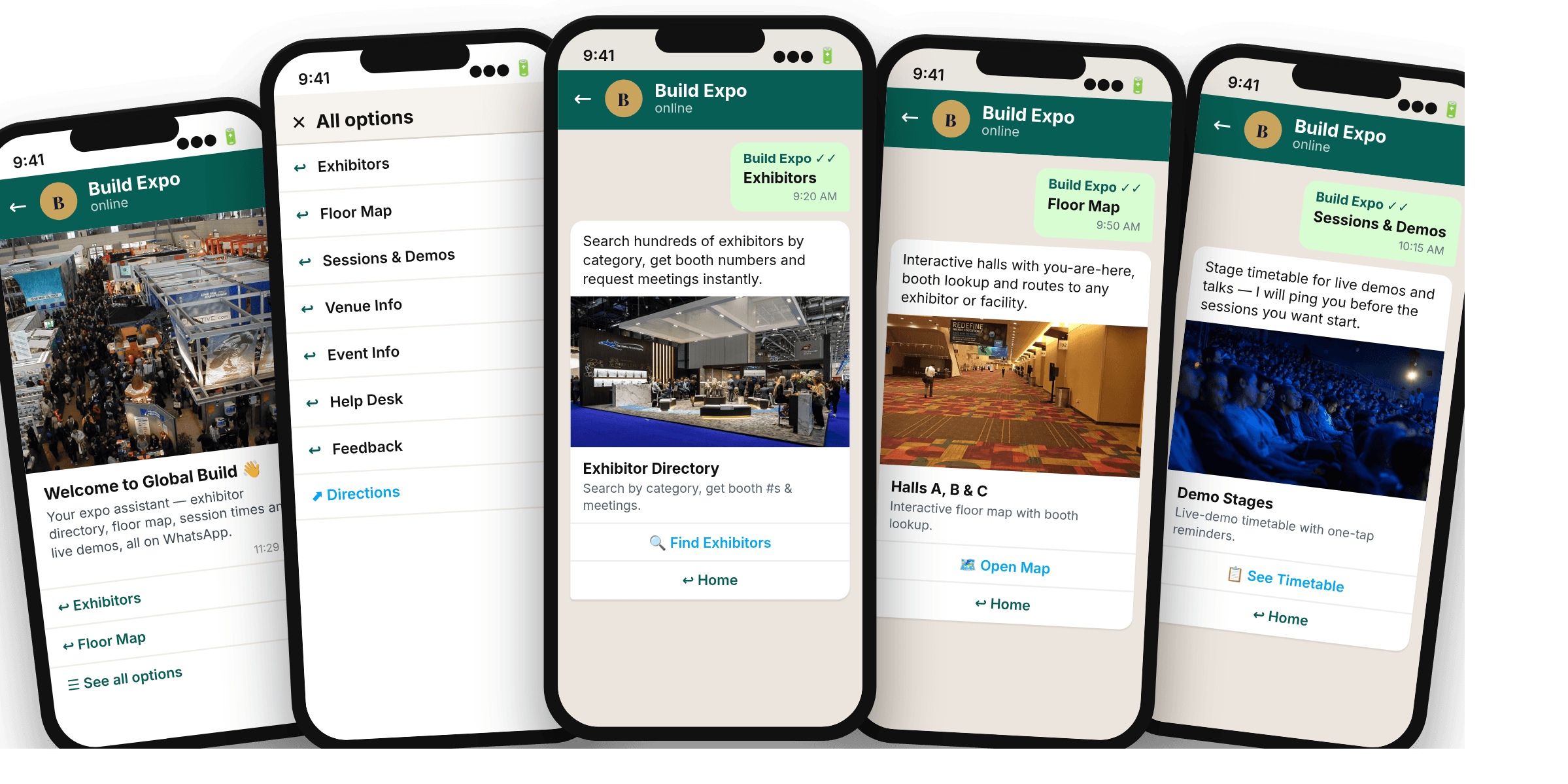 WhatsApp concierge menu for Build Expo — exhibitors, floor map, sessions and demos, venue info, help desk and feedback