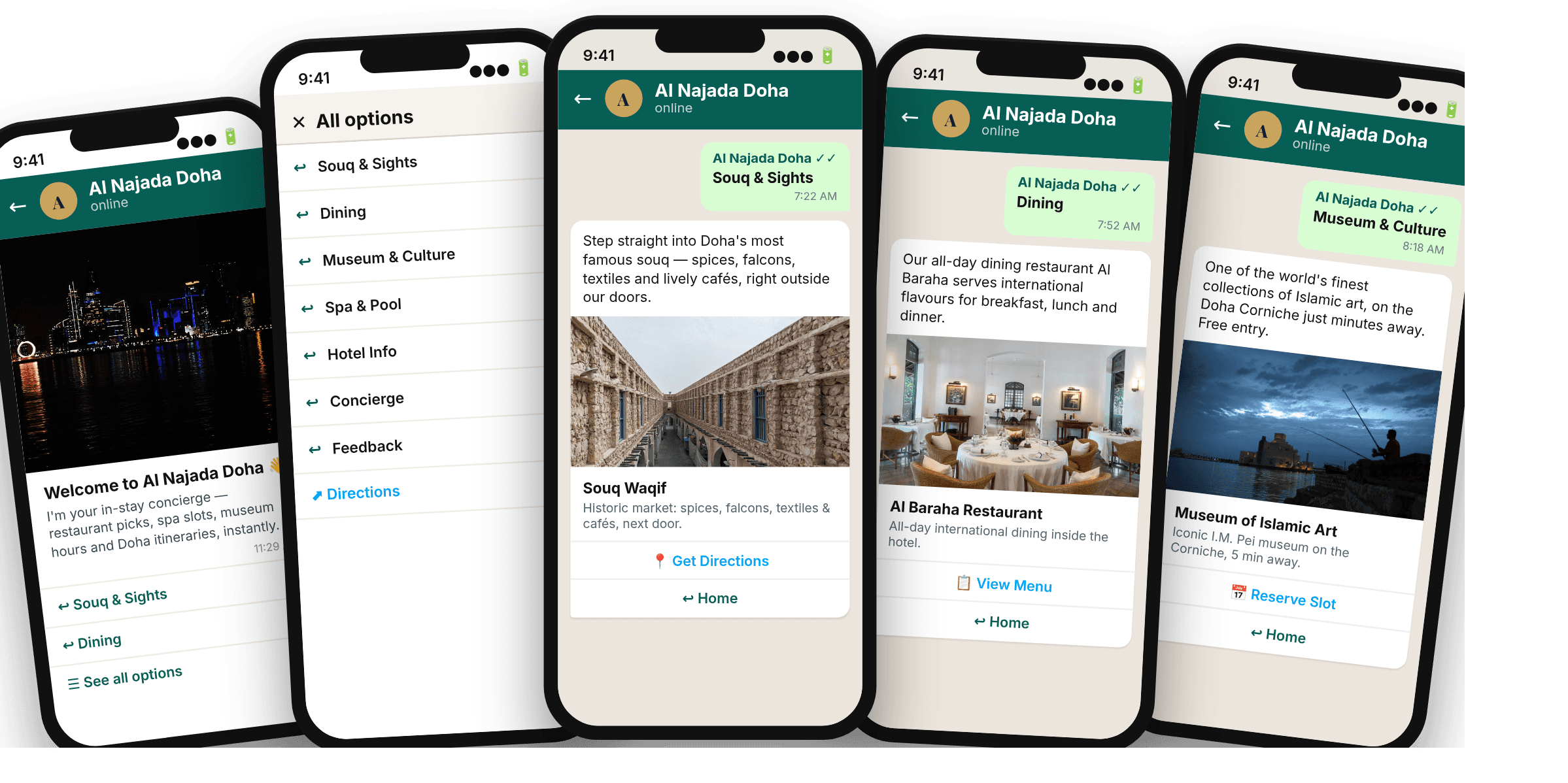 WhatsApp concierge menu for Al Najada Doha Hotel, by Tivoli in Doha, Qatar — restaurants, local recommendations, hotel info, concierge and feedback