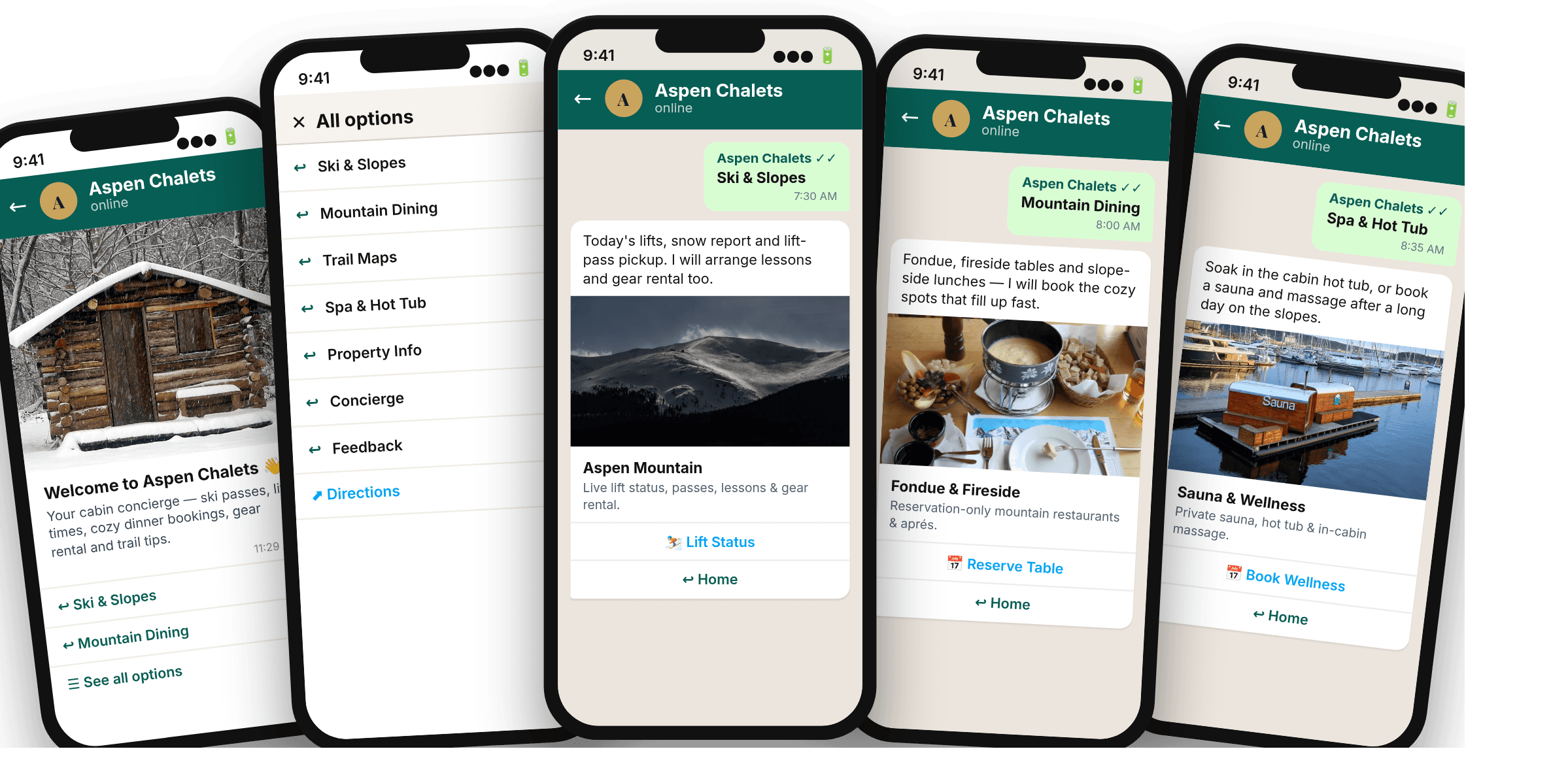 WhatsApp concierge menu for Aspen Chalets — ski and slopes, mountain dining, trail maps, property info, concierge and feedback