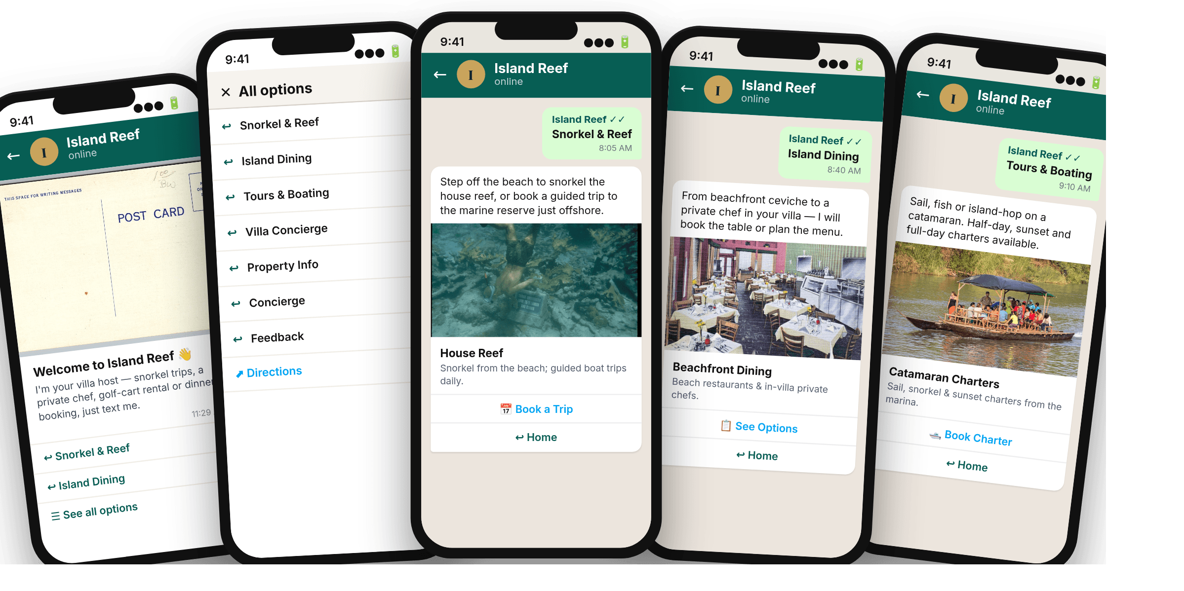 WhatsApp concierge menu for Island Reef — snorkel and reef, island dining, tours and boating, property info, concierge and feedback