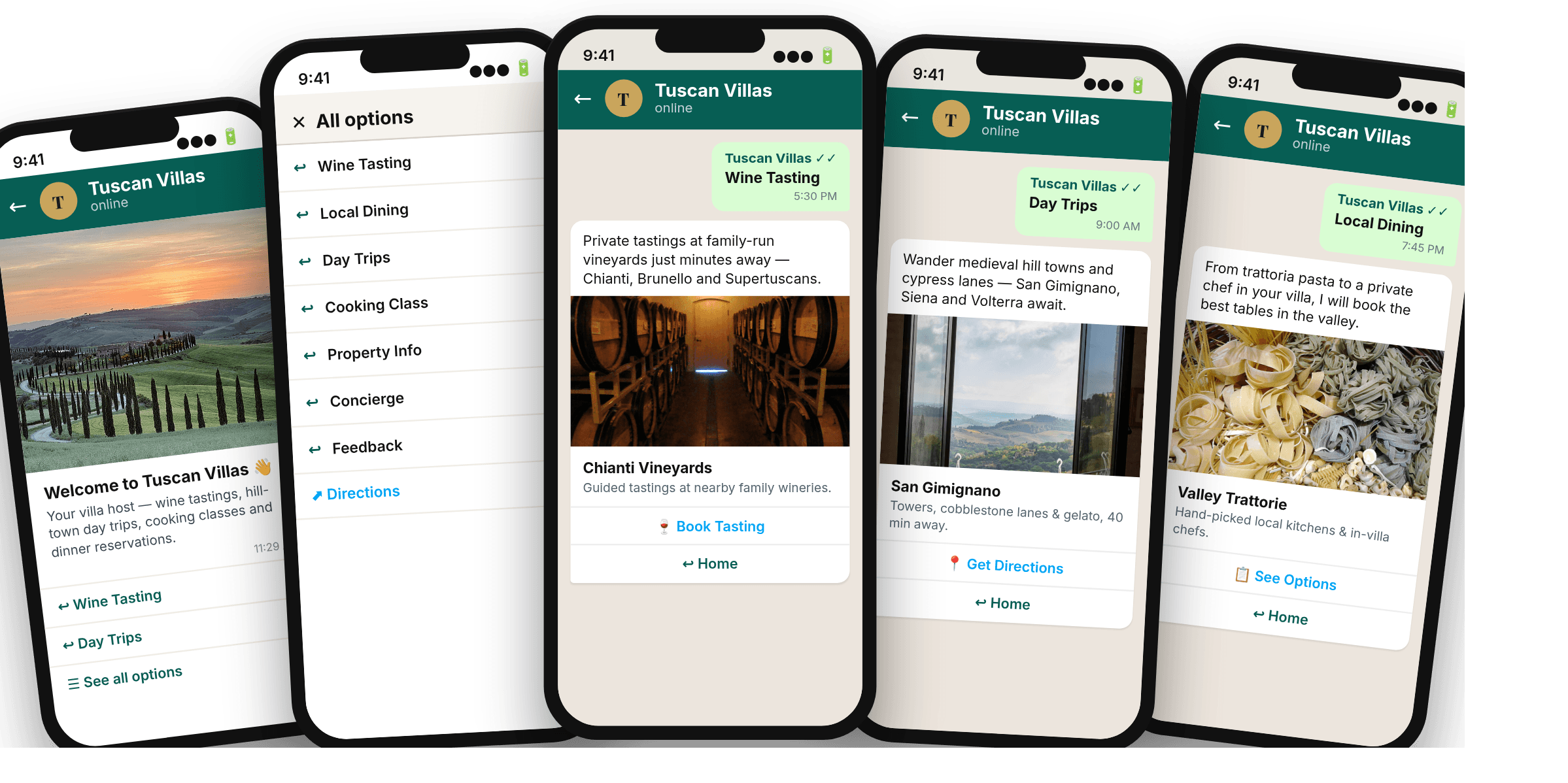 WhatsApp concierge menu for Tuscan Villas — wine tasting, local dining, day trips, property info, concierge and feedback
